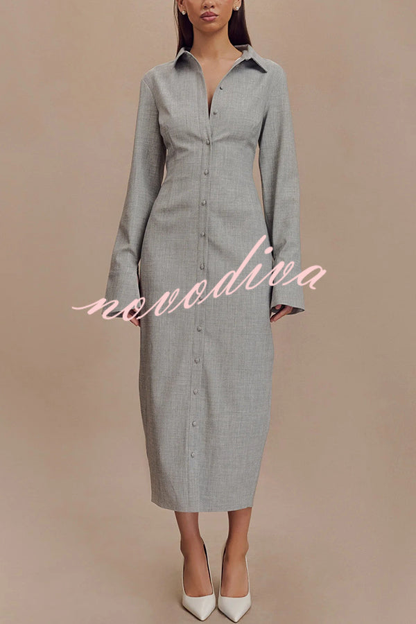 Elegant Energy Button Up Long Flare Sleeve Fitted Shirt Midi Dress