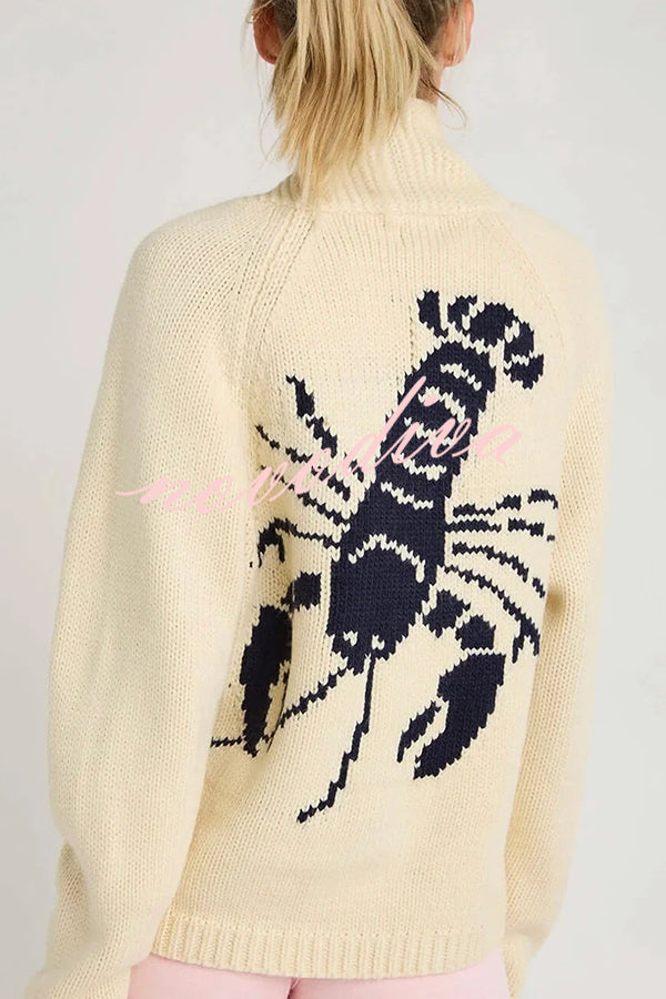 Fashion Lobster Pattern Casual Long Sleeve Knit Cardigan