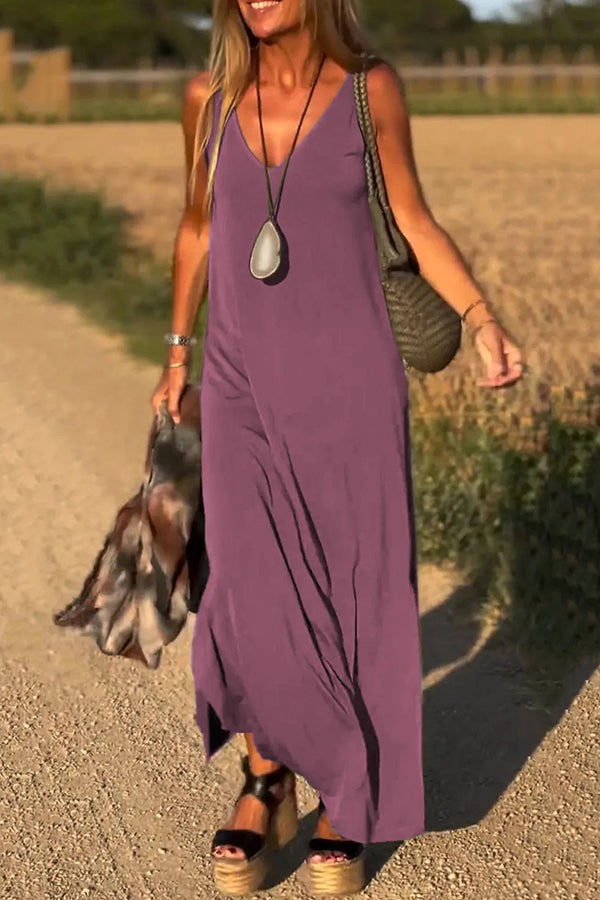 Solid Color V-neck Sleeveless Casual Loose Maxi Dress
