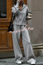 Effortlessly Stylish Ribbed Zipper High Neck Sweatshirt and Elastic Waist Pocketed Loose Pants Set