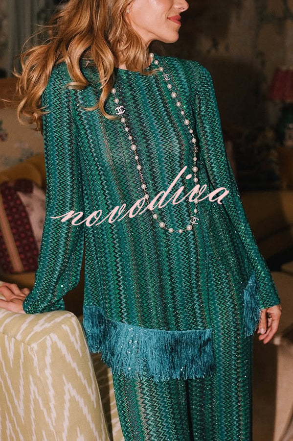 Relaxing Time Knit Zigzag Pattern Tassel Trim Slit Top and Wide Leg Pants Set