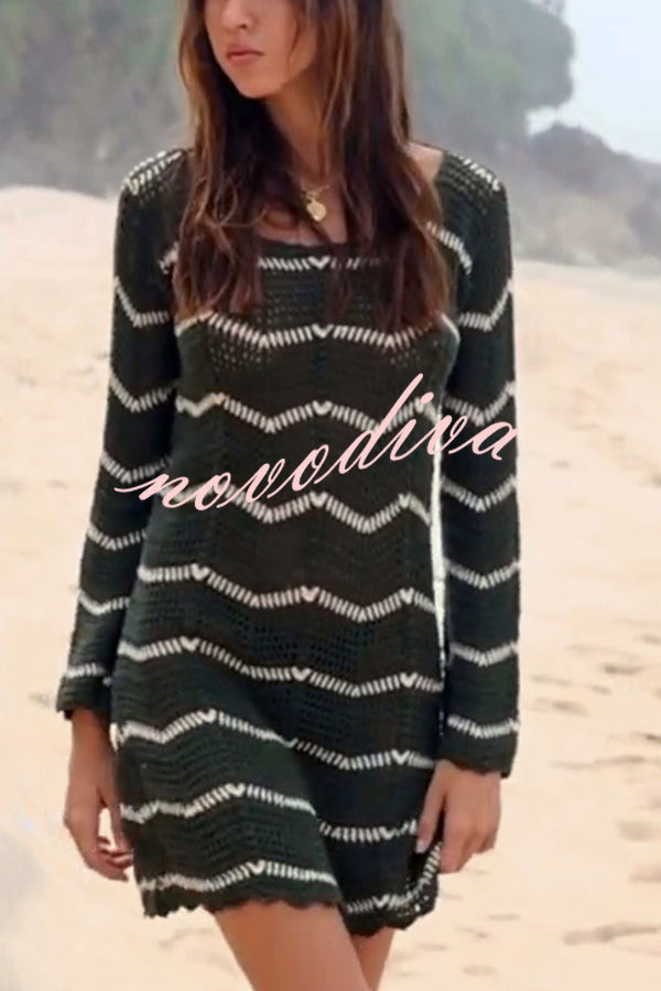 Fashion Striped Round Neck Long Sleeve Knit Cover Up Mini Dress