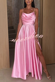 Solid Color Suspender Back Pleated Elegant Slit Full Hem Maxi Dress