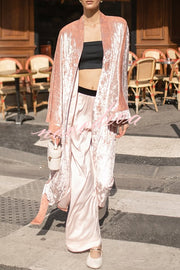 Gorgeous Glossy Velvet Long Bell Sleeve Tie-up Pocket Midi Kimono Coat