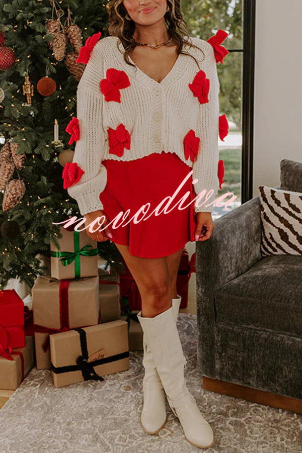 Wrapped in Bows Knit Color-blocked Loose V-neck Long-sleeved Cardigan