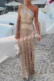 Santorini Night Sequin Fabric One Shoulder Slit Maxi Dress