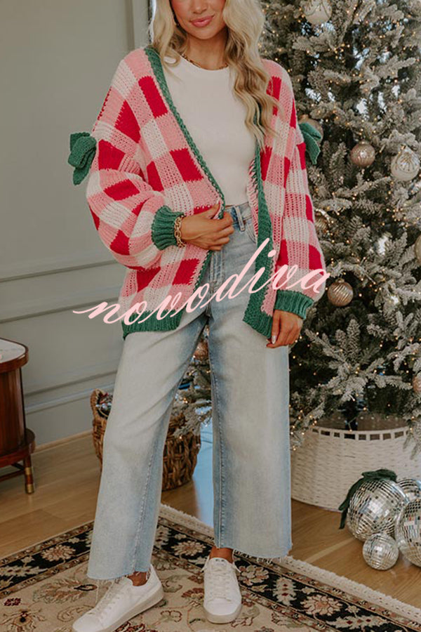Holiday Cozy Checkered Knit Color-blocked Plaid Bow Long-sleeved Cardigan