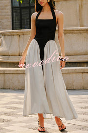 Fashion Contrast Color Stitching Sleeveless Backless Slim Maxi Dress