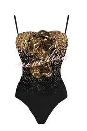 Ombre Sequin Print Metallic Fabric Flower Embellished Stretch One-piece Swimsuit