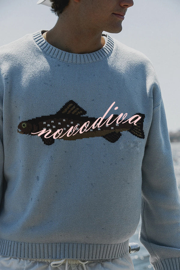 Fashionable Fish Pattern Round Neck Loose Knitted Sweater