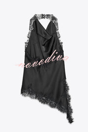 Dolly Satin Lace Trim Halter Cowl Neck Asymmetric Hem Tank