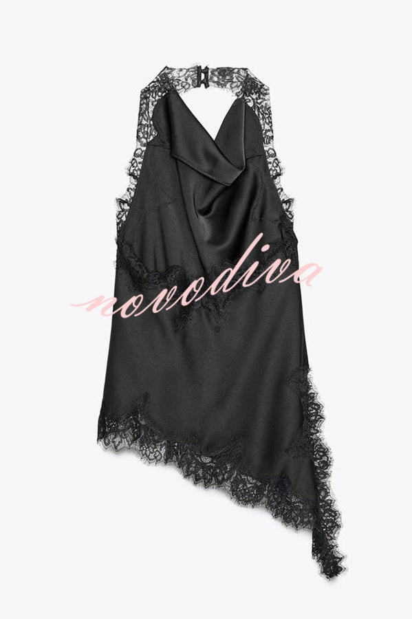 Dolly Satin Lace Trim Halter Cowl Neck Asymmetric Hem Tank