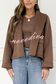 Comfortable Season Shawl Collar Open-front Long Sleeve Flap Pockets Crop Coat