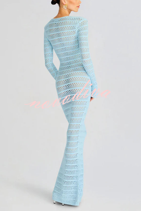 Solid Color Knit Hollow Long Sleeve Vacation Cover Up Maxi Dress