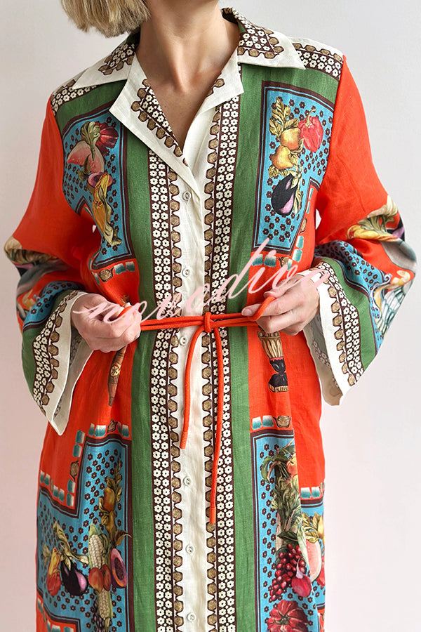 Linen Blend Unique Print Tie-waist Casual Maxi Dress