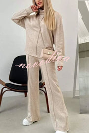 Solid Color Casual Knitted High Neck Long Sleeve Top and Elastic Waist Loose Pants Set