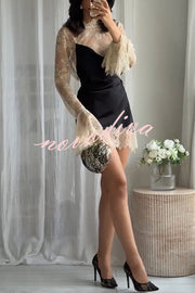 Gothic Romantic Lace Satin Patchwork High Neck Bell Sleeve Loose Mini Dress