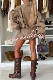 Fashion Style Button Long Balloon Sleeve Pocket Lapel Casual Bomber Jacket