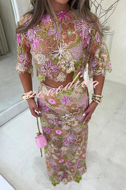 Fashionable Embroidered Flower Sequined Crop Top and Elegant Sheer Maxi Skirt Set