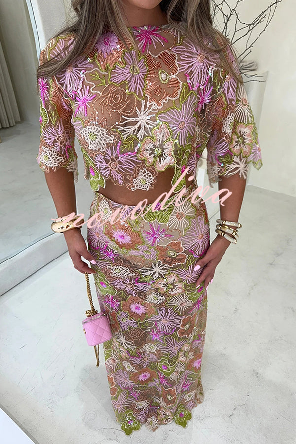 Fashionable Embroidered Flower Sequined Crop Top and Elegant Sheer Maxi Skirt Set
