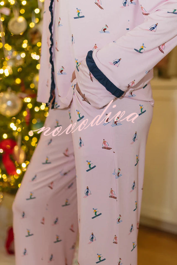 Postcards To Santa Unique Print Ruffles Trim Pocket Shirt and Elastic Waist Pajama Set