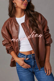 Solid Color Long Sleeve Loose Pocket Leather Jacket