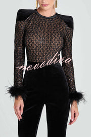 Monique Fish Scale Lace Sequin Velvet Patchwork Feather Trim Belted Stretch Flare Jumpsuit