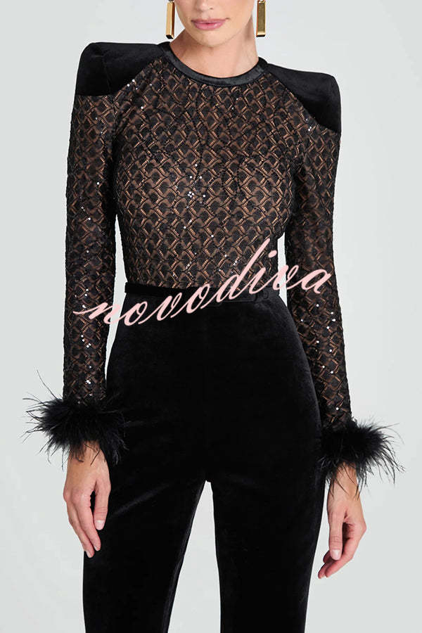 Monique Fish Scale Lace Sequin Velvet Patchwork Feather Trim Stretch Flare Jumpsuit