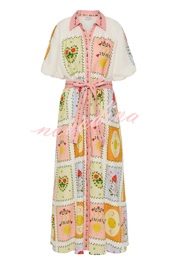 Lily Song Linen Blend Unique Print Short Sleeve Tie-up Shirt Maxi Dress