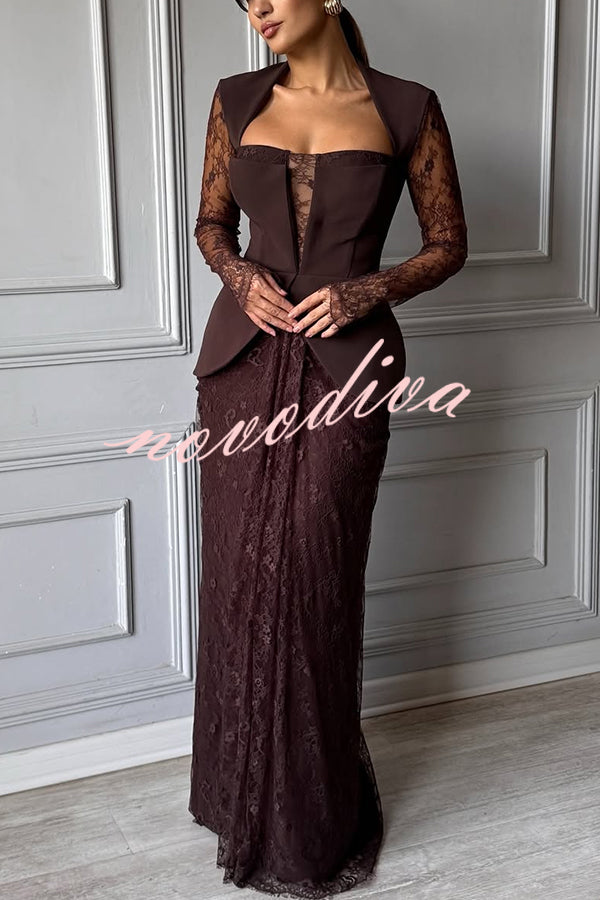 Belle Contrast Sheer Lace Fabric Patchwork Square Neck Long Sleeve Drape Maxi Dress