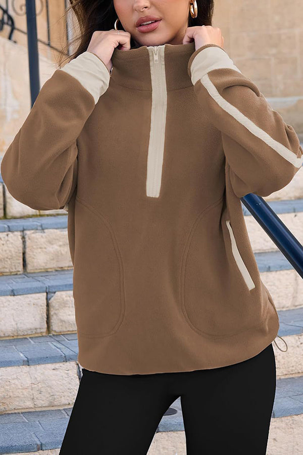 Stylish Color-blocked Trim Loose Casual Pocket Sweatshirt