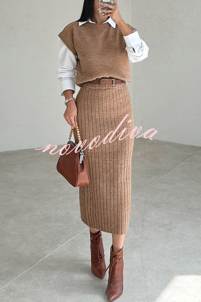 Triko Knit Short Sleeve Sweater and Stretch Ribbed Midi Skirt Set