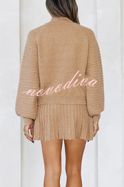 Solid Color Round Neck Puff Sleeve Loose Knit Sweater and Casual Striped Mini Skirt Set