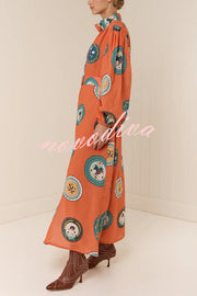 Linen Blend Unique Print Belted Single-breasted Casual Maxi Dress