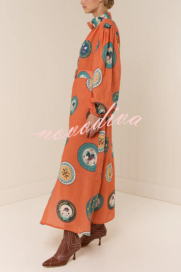 Linen Blend Unique Print Belted Single-breasted Casual Maxi Dress