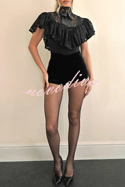 Avina Lace Bow Detail High Neck Cascading Ruffles Cropped Cape Top