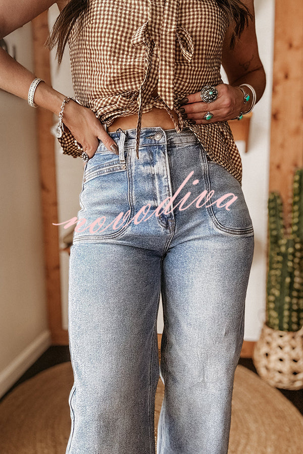 Fashion High Waist Pocket Casual Straight Jeans