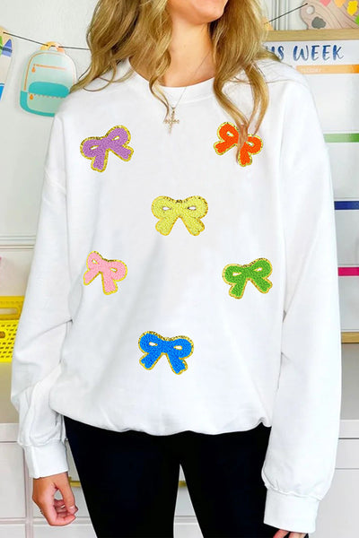 Christmas Sequined Multi-colored Bow Crew Neck Long-sleeved Loose Sweatshirt