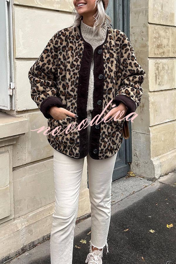 Warm Feel Colorblock Leopard Print Plush Button Up Pocketed Teddy Jacket