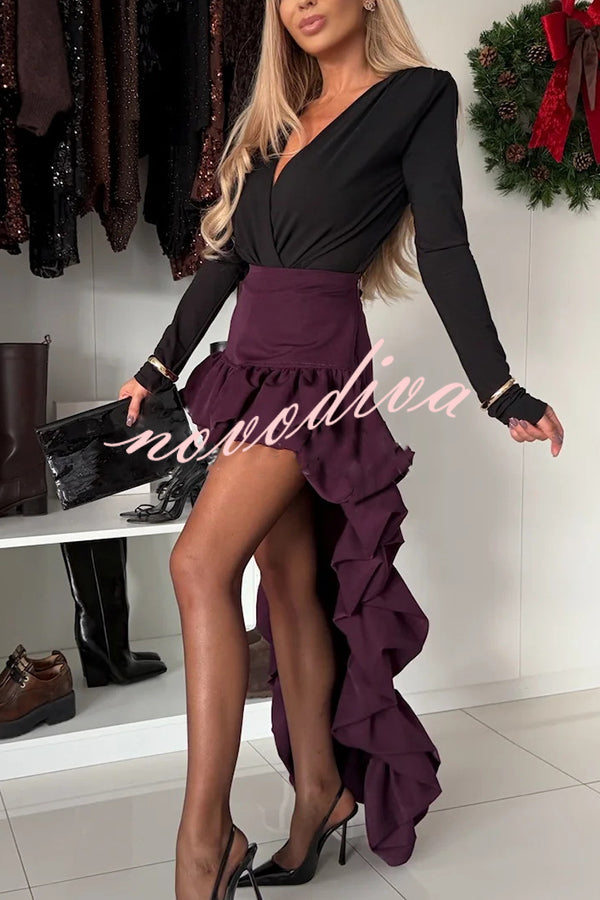 Toast To Midnight Solid Color High Rise Irregular Ruffled High Low Maxi Skirt
