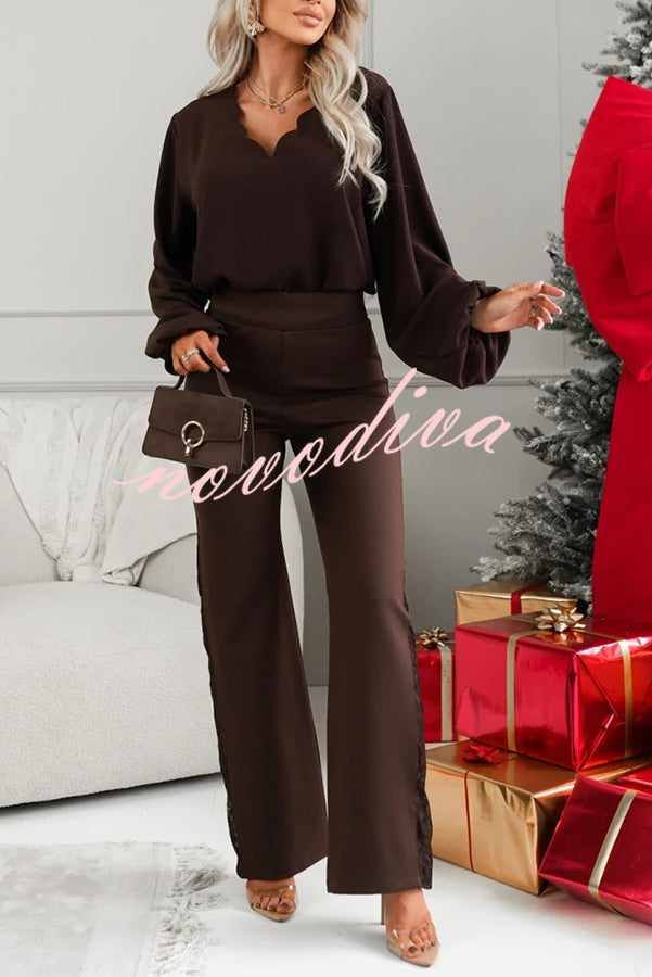 Joelie High Rise Elastic Waistband Side Lace Patchwork Flare Pants