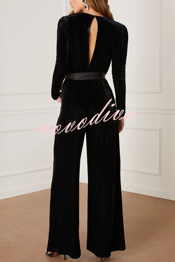 Love One Another Velvet Bow Belted Pocket Cutout Back Loose Jumpsuit