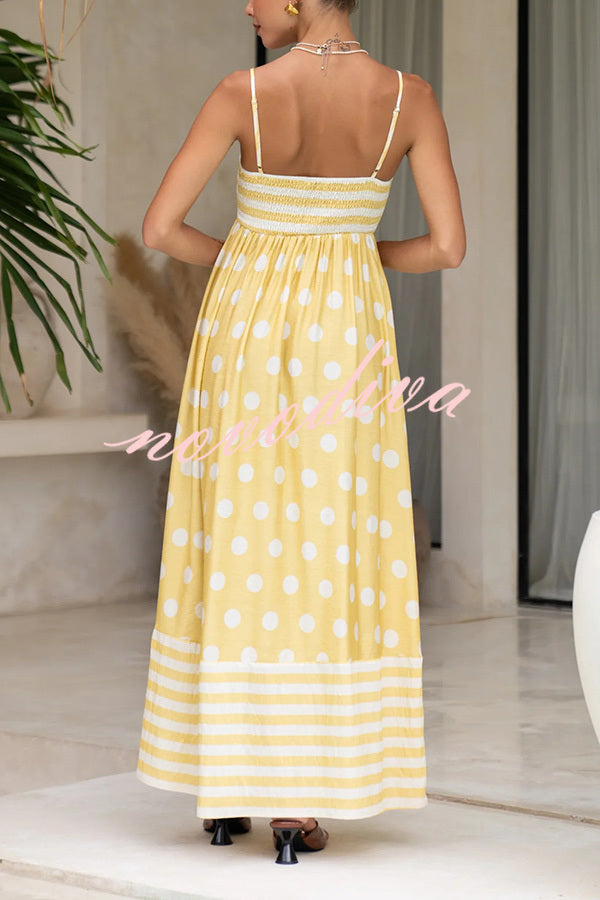 Striped Polka-dot Print Sling Pleated Open-back Maxi Dress