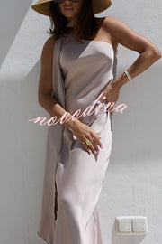 Cheers Babe Satin Solid Color Elegant One Shoulder Tie Maxi Dress