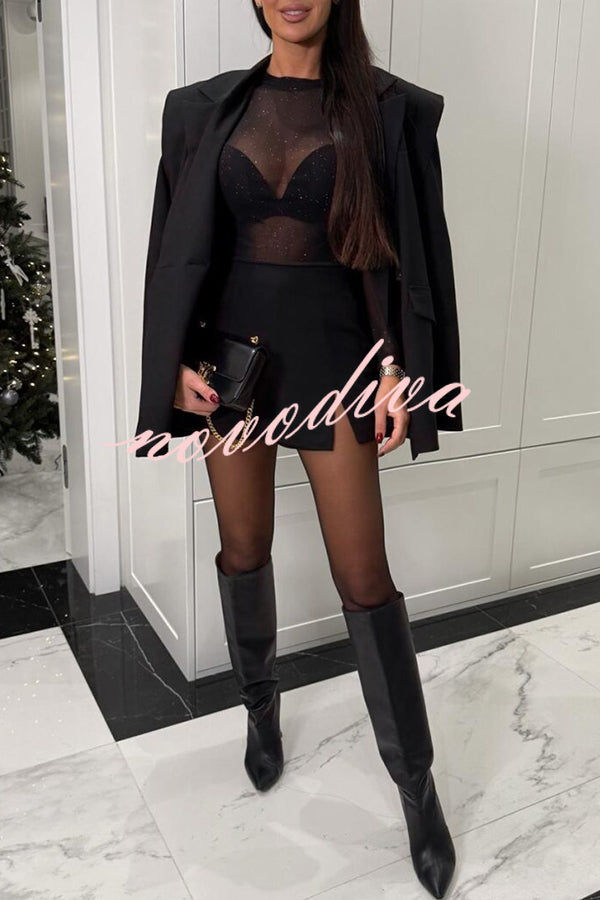 Feeling Flirty Mesh Glitter Fabric Long Sleeve Stretch Bodysuit