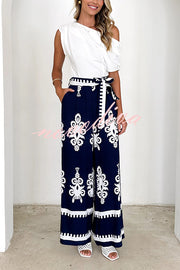 Unique Ethnic Print Belted Casual Pocket Wide Leg Pants