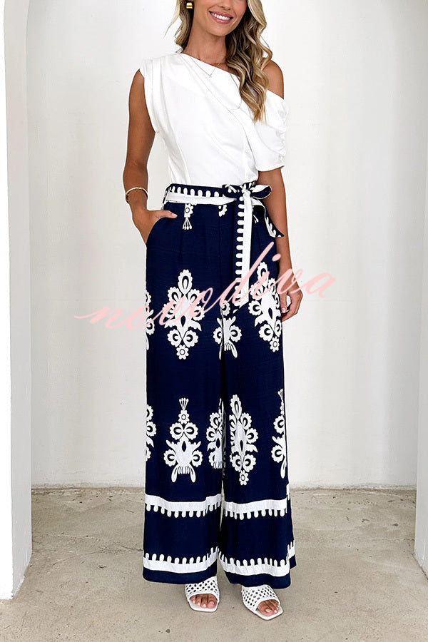 Unique Ethnic Print Belted Casual Pocket Wide Leg Pants