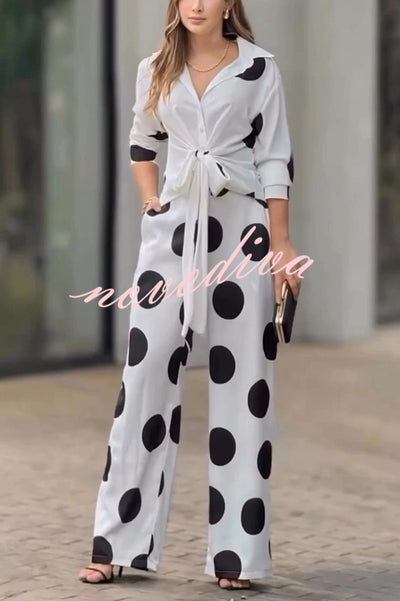 Fashion Lapel Long-sleeved Tie Waist Shirt and Casual Polka Dot Print Wide-leg Pants Set
