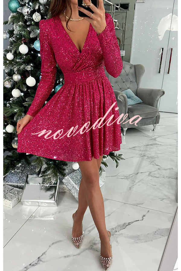 Girls Night Out Sequin Wrap Long Sleeve Mini Dress