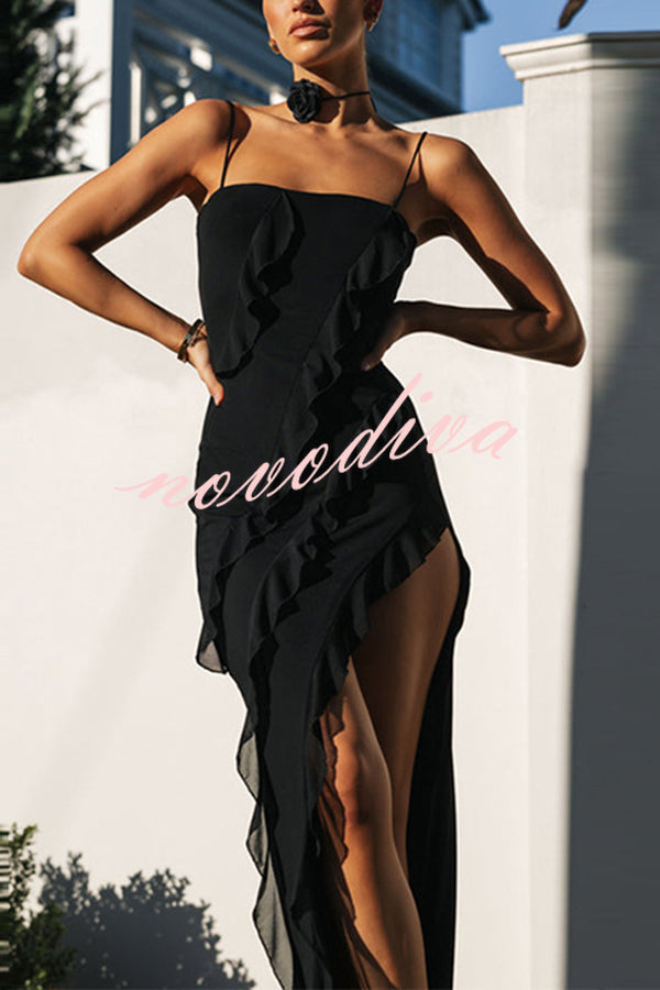 Sexy Halter Backless Slim Fit High Slit Ruffled Midi Dress